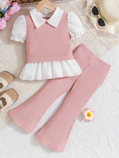 Young Girl Colorblock Patchwork Short Sleeve Top & Flared Pants Set