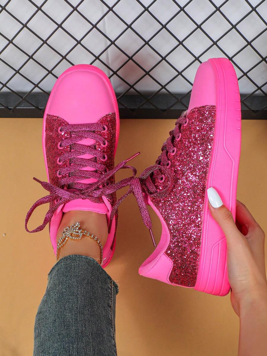 Fall/Winter Shiny Fuchsia Spicy Fashion Casual Comfortable Sneakers, Suitable For Parties, Christmas Celebrations, Festivals, Commuting