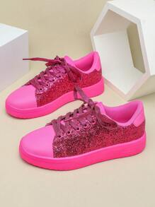 Fall/Winter Shiny Fuchsia Spicy Fashion Casual Comfortable Sneakers, Suitable For Parties, Christmas Celebrations, Festivals, Commuting - Hot Pink - View 5