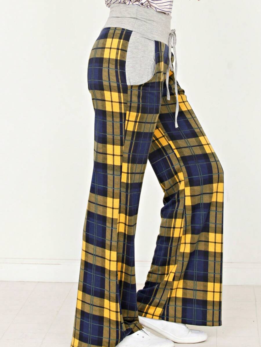 Floral Drawstring Fold Over Band Wide Leg Lounge Pants - H Grey - View 1