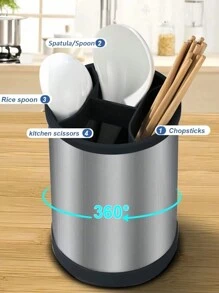 1 st. 360° roterende ronde opbergemmer van roestvrij staal, 17 cm hoog keukenrek, geschikt voor keukengerei en opbergruimte op het aanrecht, kan worden gebruikt om eetstokjes, lepels en kookspatels op te bergen, kerstversiering kerstcadeaus