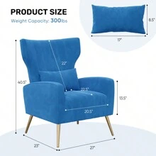 Nalupatio Velvet Accent Chair Wingback For Living Room, High Back Arm Chair With Golden Legs Lumbar Pillow, Upholstered Single Sofa Bedroom - Màu xanh lam - Xem 4