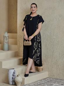 ASBB 重工刺繡金色阿拉伯女款 JALABIYA 流蘇黑色拼接優雅洋裝 2026 女士度假派對休閒穿搭 沙烏地阿拉伯國慶日服飾 - 黑色 - 查看 2
