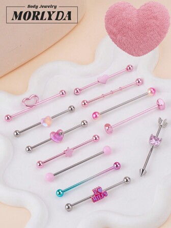 Morlyda 1pc Sweet Pink Industrial Earring Star Industrial Piercing Jewelry Stainless Steel Heart Industrial Earrings For Women Men Industrial Bar Piercing Cartilage Helix Piercing Earrings Pink Industrial Barbell Body Piercing Jewelry 38mm 1&1/2 Inch Industrial Piercing Bar For Valentine Gift Valentine's Day Party Daily Wear Night Out Social Gatherings Daily Wear,Mom,Mother,Mother's Day,Gift