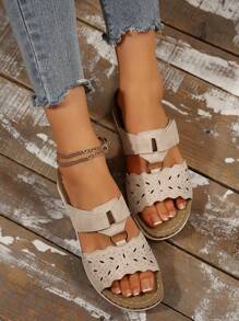 Women's Hollow Rhinestone Decor Flat Sandals, Adjustable Hook And Loop Open Toe Slippers, Summer - Beige - View 2
