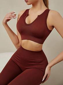 Women Workout Set Summer Seamless Ribbed High Waist Leggings With Sports Bra, Sexy V-Neck Fitness Suit - Maroon - View 3