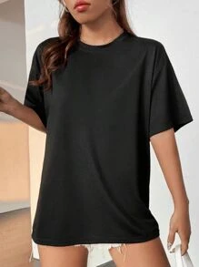 DG XUNLIN MODA Women's Oversized Short Sleeve Relaxed Pure Color Pop Solid Color T-Shirt - Black - View 2