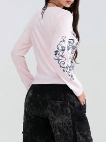 Women Y2k Fairy Grunge Shirts Tops Gothic Graphic Long Sleeve T-Shirt Top Emo Goth E-Girls Crop Tees Tops Vintage Aesthetic Clothes Streetwear - Hồng - Xem 6