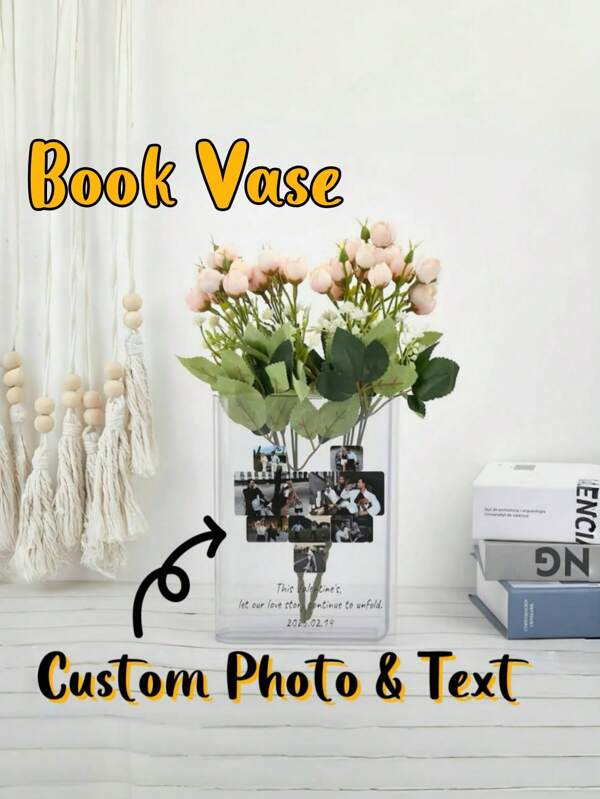 1PC Vaso de livro personalizado Foto privada Texto de imagem personalizado Simples Moda Decoração para casa Ornamentos Elegante Atmosférico Vaso de acrílico personalizado Adequado para cena de casa Presente de amor