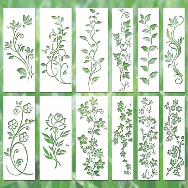 12pcs Leaf Vine Stencils, Leaves & Flower Stencil Reusable Floral Stencil Spring Drawing Templates For Painting On Walls DIY Craft Canvas Home Decor Wall Art, School Supplies,Back To School