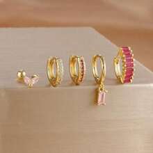 Conjunto de 5 piezas de pendientes con aro en cascada con colgante cuadrado enchapado en oro de 18K, para mujer. Incluye pendientes de cartílago con cubic zirconia rosa, de cobre y acero inoxidable