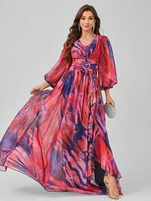 SUPGIR [Random Pattern Cut Watercolor] V-Neck Chiffon Lantern Sleeve Pleated Waist Decor Buttons Ruffle Hem Dress - Multicolor - View 6