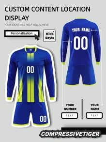 2pcs Boy's Personalized Soccer Jersey - Customizable Name And Number Print Stripe Decor Long Sleeve T-Shirt + Long Co-Ord Quick-Drying Sweat-Absorbing Sports Set As Gift - Blue - View 1