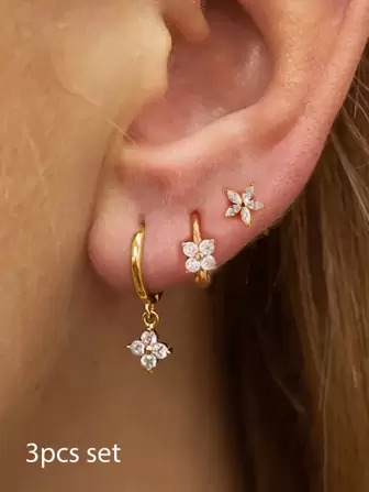 3PCS/Set Stainless Steel Zirconia Flower Earring For Women, 14K Gold Plated Hypoallergenic Tragus Helix Hoops Ear Stud Cartilage Piercing Jewelry For Daily Ware