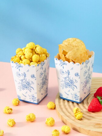 10/24-delars matbehållare i blått och vitt porslinsstil, inklusive pommes frites-låda, popcornkopp, popcornhink, födelsedagsfestdekoration och mellanmålslådor för familjen, lämplig för lunchlåda, bageri, bröd, hamburgerrestaurang