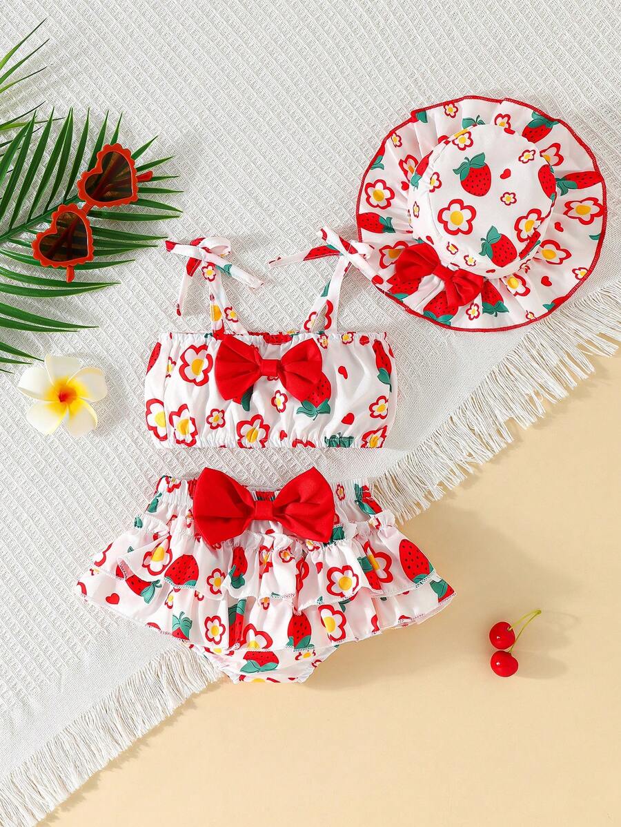 3pcs Baby Girl Outfit Set: Woven Strawberry Floral Print Camisole With Bow Decor, Elastic Waist Tiered Ruffle Dress, And Hat, Summer Daily Wear - Multicolor - View 1