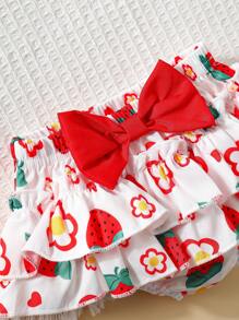 3pcs Baby Girl Outfit Set: Woven Strawberry Floral Print Camisole With Bow Decor, Elastic Waist Tiered Ruffle Dress, And Hat, Summer Daily Wear - Multicolor - View 8