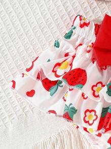 3pcs Baby Girl Outfit Set: Woven Strawberry Floral Print Camisole With Bow Decor, Elastic Waist Tiered Ruffle Dress, And Hat, Summer Daily Wear - Multicolor - View 6