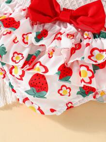 3pcs Baby Girl Outfit Set: Woven Strawberry Floral Print Camisole With Bow Decor, Elastic Waist Tiered Ruffle Dress, And Hat, Summer Daily Wear - Multicolor - View 5