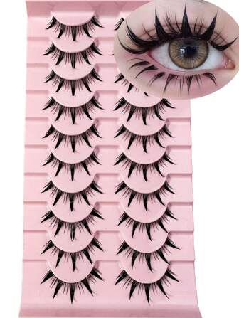 New10Pairs Doll Lashes Extension Natural Cat Eye False Eyelashes Cosplay Makeup Cross Strip Eye Lashes Transparent Stem Handmade Manga Anime Lash Strip Lashes,Lashes,Eyelashes,Fake Lashes