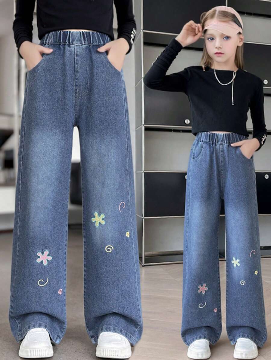 Girls' Floral Elastic Waist Pocket Casual Loose Straight Jeans - Blue - View 1