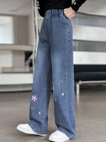 Girls' Floral Elastic Waist Pocket Casual Loose Straight Jeans - Blue - View 5