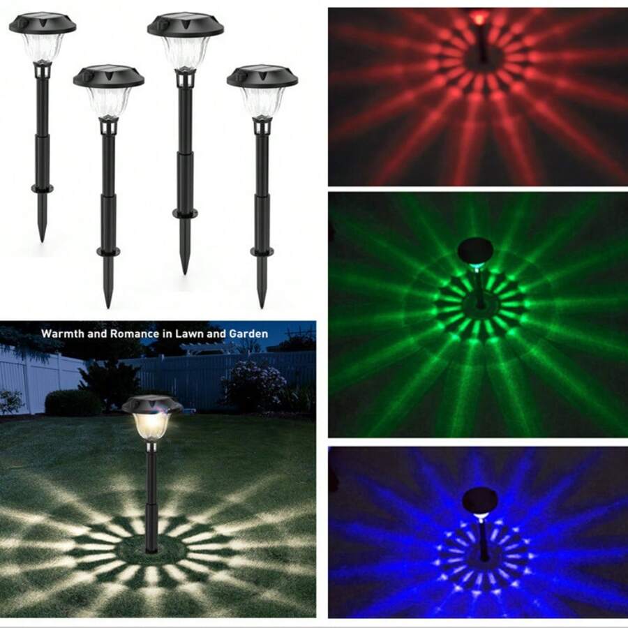 Luces solares para césped RGB, luces con enchufe de tierra, luces de proyección de luz de estrellas, luces solares para césped de colores RGB de luz cálida, adecuadas para patios, jardines, pasillos, líneas coloridas para decorar jardines y patios, 4 paquetes - Negro - Ver 1