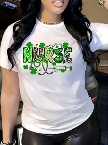 Happy St. Patrick's Day, Nurse Women's Single Side Printed Short Sleeve T-Shirt Round Neck Summer Fashion Solid Basic T-Shirt Tops Casual Summer Shirts - White - View 1