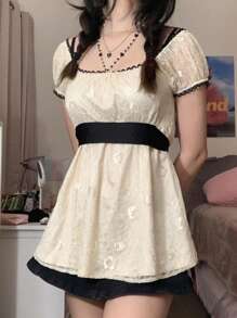 Women Y2k Fairy Grunge Shirt Top Short Sleeve Lace Trim U Neck A-Line T-Shirt Vintage Aesthetic Tees Tops E-Girls Goth Clothes Streetwear