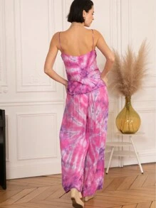 Calças largas com estampa tie-dye, bolsos, calças largas, retrô, estilo boêmio, estilo resort, leve, design simples, todos os dias, cores de verão - Rosa - Ver 7