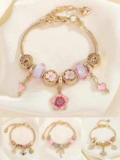 1 件简约优雅串珠手链，带粉色幸运四叶草、花朵、捕梦网、心形和音符饰物，适合青少年、青年、姐妹的时尚友谊/派对礼物