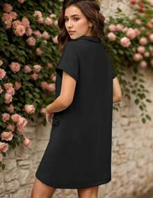 hoteel Elegant  Old Money Style Duffel Straight Dress, Crew Neck Short Sleeves Short Dress, Woman's Clothing - Black - View 2