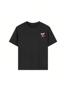 一套女童樱桃蝴蝶结图案圆领短袖T恤和休闲连衣裙,非常适合学生和青少年女孩夏季穿着。 - 黑色 - 查看 7