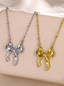 1 件不锈钢蝴蝶结手链，简约设计，优雅高品质个性化女士手镯，时尚钛钢蝴蝶结耳环项链戒指 - 蝴蝶結鋼色手鐲 - 查看 7