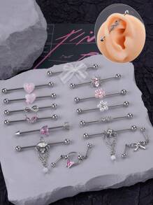 1 pieza Pendiente industrial de flor colorida y dulce con perla falsa, pendiente industrial de acero inoxidable con corazón rosa para mujer y hombre, piercing de cartílago y hélix, barra industrial de 38 mm (1 1/2 pulgadas) con lazo blanco para bodas, san valentín, navidad, fiestas, uso diario y salidas sociales