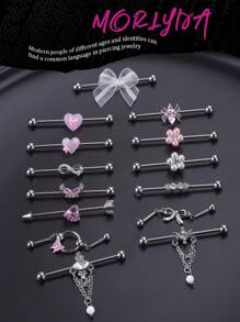 1 pieza Pendiente industrial de flor colorida y dulce con perla falsa, pendiente industrial de acero inoxidable con corazón rosa para mujer y hombre, piercing de cartílago y hélix, barra industrial de 38 mm (1 1/2 pulgadas) con lazo blanco para bodas, san valentín, navidad, fiestas, uso diario y salidas sociales