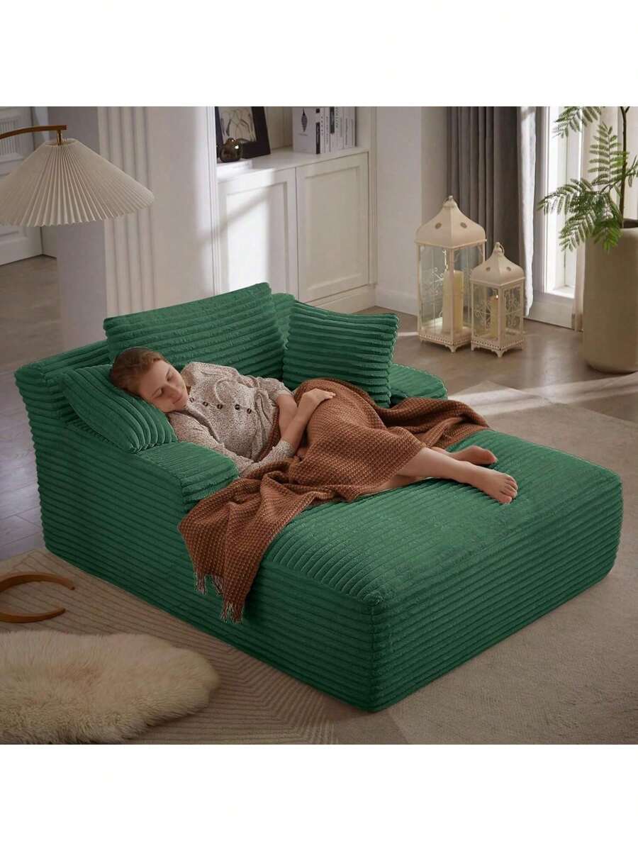 LUCKHAO 49.2" Oversized Chaise Lounge Chair, Comfy Corduroy Fabric Single Sofa Chair, Upholstered Reading Lounge Chair With Pillows For Living Room Or Bedroom, Frameless Design, Dark Grey - 綠色 - 查看 1