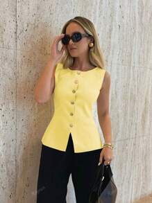 Vintage Chic Fashionable Elegante Metal Botão Frente Aberta Cor Sólida Sem Mangas Gola Redonda Jaqueta de Negócios Colete de Trabalho Slim Modesto Minimalana Casual Top Regata Colete de Malha Suéter para Mulheres