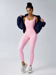 1pc Women Seamless Jumpsuit, Yoga Fitness Running Exercise Jumpsuit With Tummy Control - Baby Pink - View 2