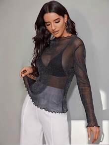 女士透明网眼闪光立领长袖褶皱上衣性感派对俱乐部上衣