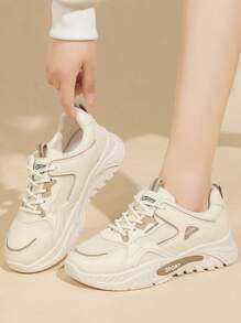 女式网眼厚底厚底运动鞋，休闲白色鞋子，适合跑步，个性化运动休闲鞋，透气网眼，防滑橡胶鞋底，时尚，适合苗条身材，建议订购大一码 - 米色 - 查看 1