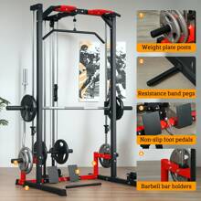 Soozier Jaula de Potencia Smith Machine, Estante multiusos con barra para dominadas, sistema de polea para dominadas, bastidor para sentadillas, barra para mancuerna, landmine, postes de almacenamiento de placas, para gimnasio en casa - Negro - Ver 7