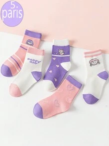 5 Pairs Kids Socks, Thick Striped & Letter Print Mid-Calf Socks For Baby Boys & Girls, Pink Heart Princess Socks - Multicolor - View 10