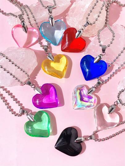 1個 シンプルでスタイリッシュな25mm 色付きガラスハートペンダントネックレス、シルバーステンレススチールのビーズチェーン、デイリーウェアに適し、ギフトにも