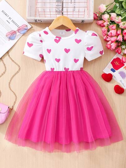 少女心印花短袖网眼情人节连衣裙