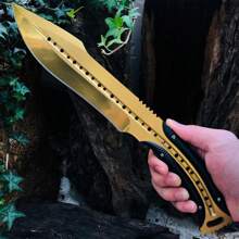 12.5 Inch Full Tang Fixed Blade Knife, With Leather Sheath, D2 Steel Blade Bowie Knife Collection Knives For Camping, Survival, Hunting - Vàng - Xem 2