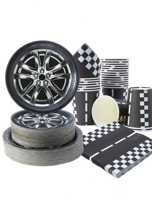 1 set di piatti, tovaglioli e bicchieri monouso a forma di ruota d'auto, adatto per 25 ospiti, piatti di carta monouso per feste di compleanno, picnic in famiglia