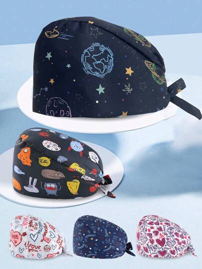 1 pieza Gorro de enfermera ajustable impreso, gorro de trabajo para médico/dentista/cirugía/anestesia, de fibra de poliéster, con estampado de dibujos animados/flores, para todo el año San Valentín