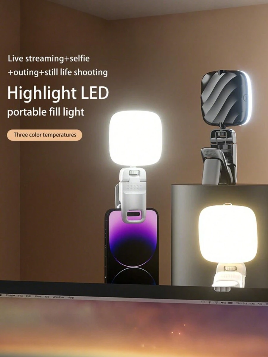 1PC 新款贝壳形补光灯 手机补光灯 迷你袖珍灯 小巧便携夹子 直播方灯 自拍设备 自拍专用USB充电 随时随地放进口袋 拿出来拍照 高光护眼 专属镜头照明 适合节日聚会 集体照 补光 送给朋友爱人 感恩节情人节 - 彩色 - 查看 1