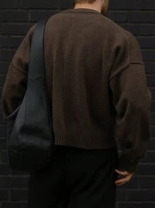 秋冬超大中性针织毛衣，温暖的欧洲和亚洲街头风格宽松休闲落肩圆领纯色设计 - 棕色 - 查看 4